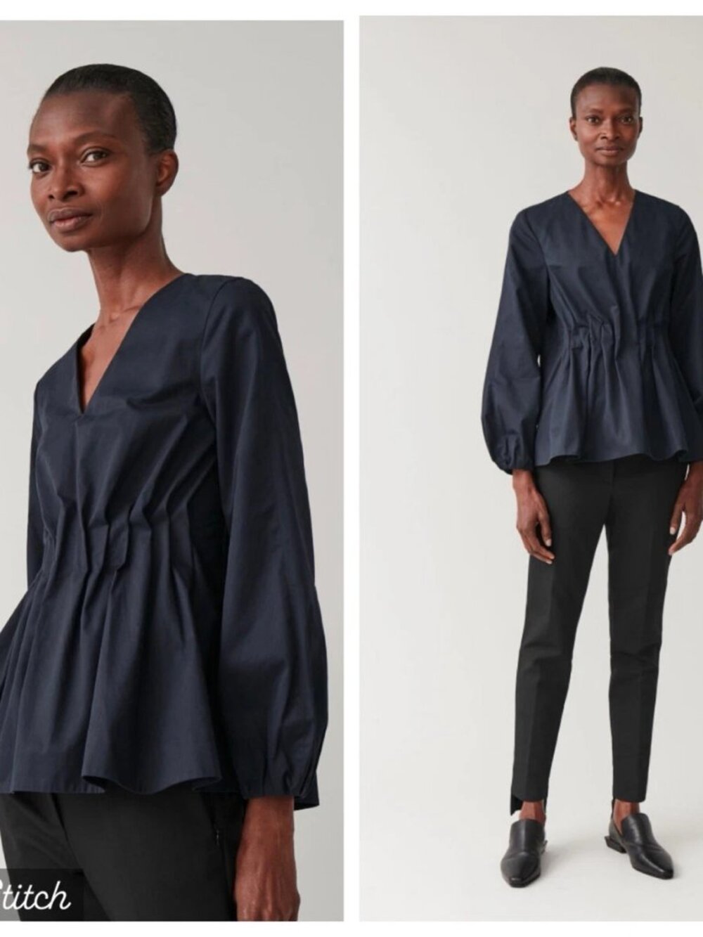 COS navy blue balloon sleeve pleated front top - size small